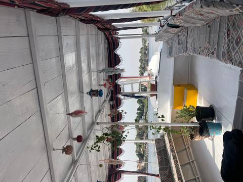       Interior of a decorated boat floating on a river with plush seating and potted plants.
  