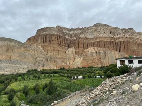       Mountain range and lush green fields with a small building.
  