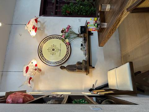 Interior of a dining area with decorative elements.