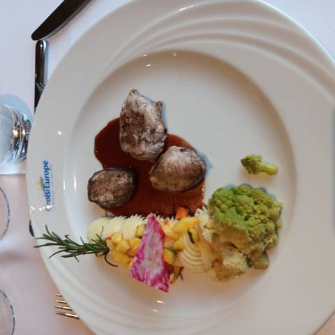 Plate of gourmet food with garnish.