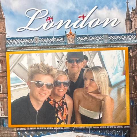 Collage of a family with a famous bridge background.