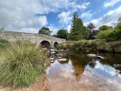 A charming stone bridge over a river surrounded by greenery.