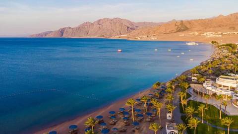       Aerial view of a coastline with beach umbrellas and blue water.
  