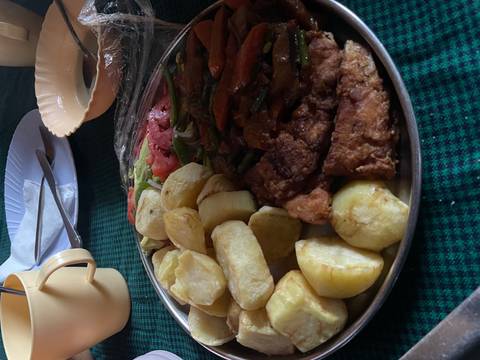 Plate of food featuring fried items and vegetables.