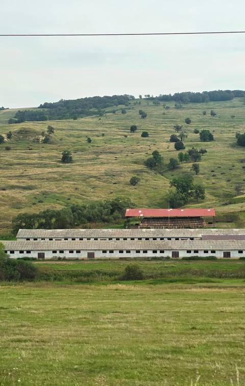       Rural scene with barns and rolling hills in the background.
  