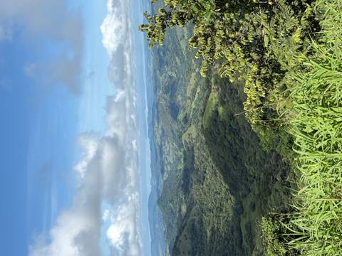 Panoramic view of lush green hills under blue sky.