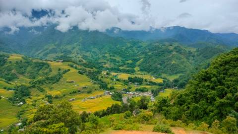       Expansive view of rice terraces in a mountainous region.
  