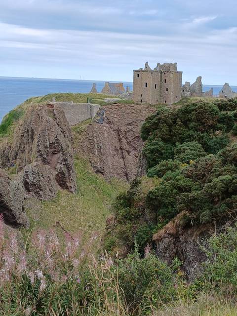 Rocky coastal cliffs with a castle ruin on top, surrounded by greenery.