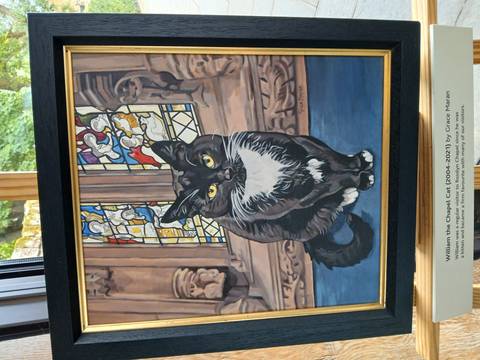 Painting of a cat in a church setting with stained glass background.