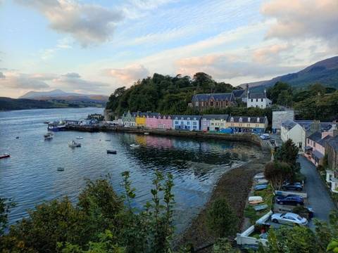 Colorful buildings along the waterfront in a picturesque town.