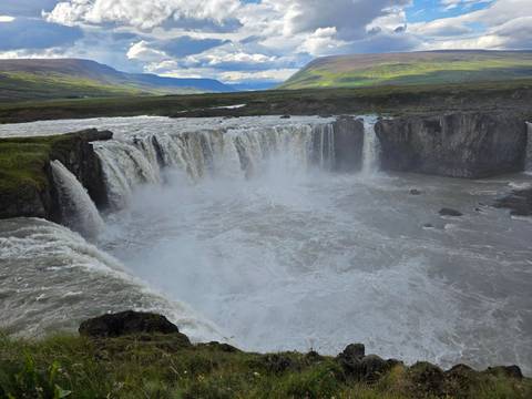 The Godafoss waterfall with strong water flow.