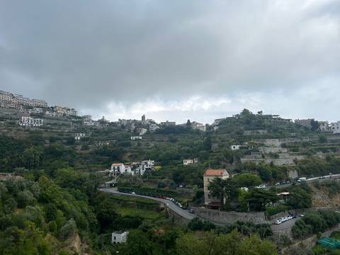       Hillside town with terraced buildings.
  
