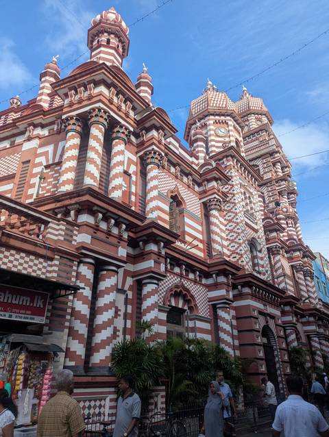 Ornate red and white striped building.