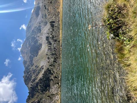       Mountain lake with clear green water and a rocky shore.
  