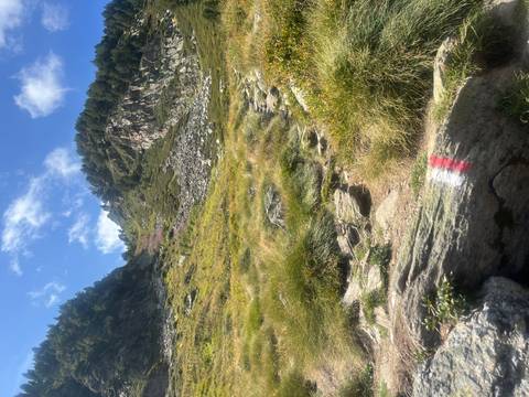       Hiking trail marked with red paint on a rocky mountain path.
  