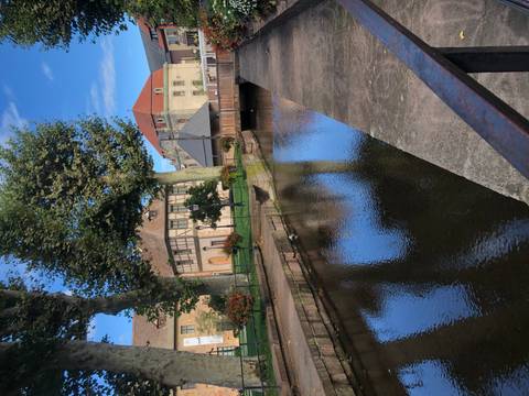 Small canal with historical buildings and trees.