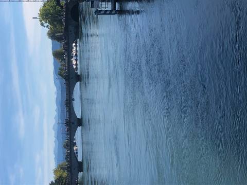       Bridge over a wide river with mountains in the background.
  
