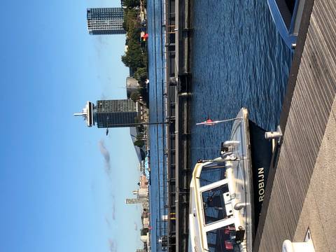 Modern waterfront with boats and tall buildings.