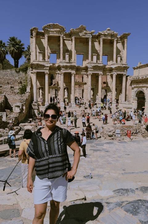 Tourists in front of the Library of Celsus in Ephesus.