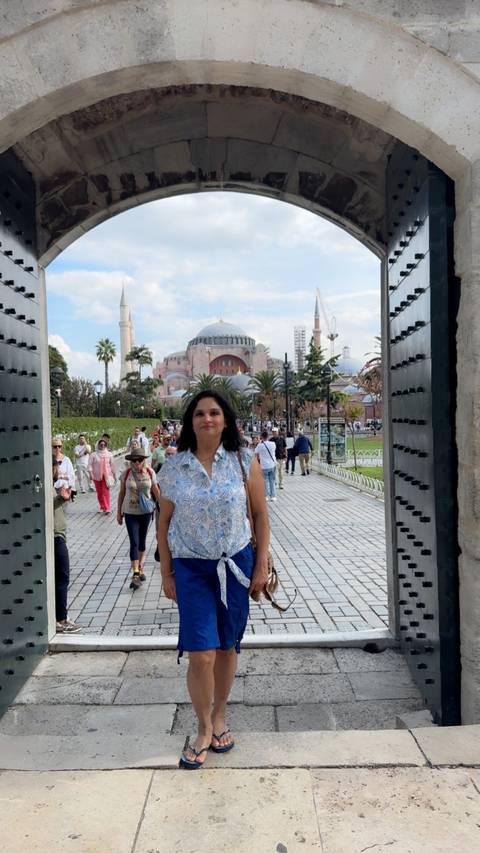 Entrance view of Hagia Sophia with tourists.