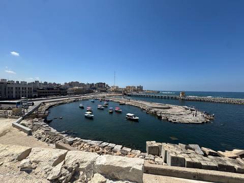 Harbor view in Alexandria with boats and cityscape.