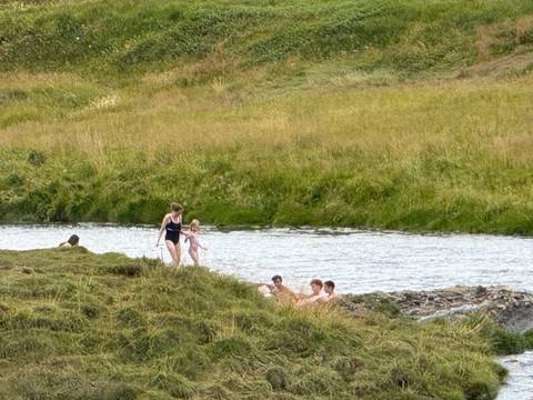       People enjoying a swim in a natural hot spring surrounded by greenery.
  