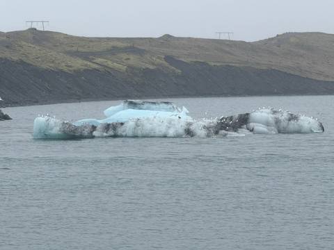       Icebergs floating on a glacial lagoon with seabirds perched.
  