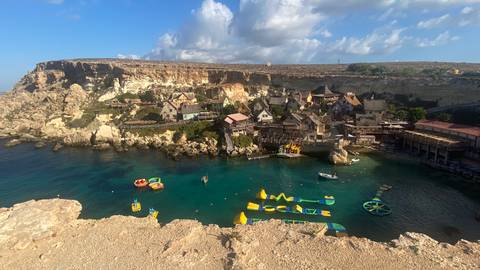 Coastal village with a playful waterpark.