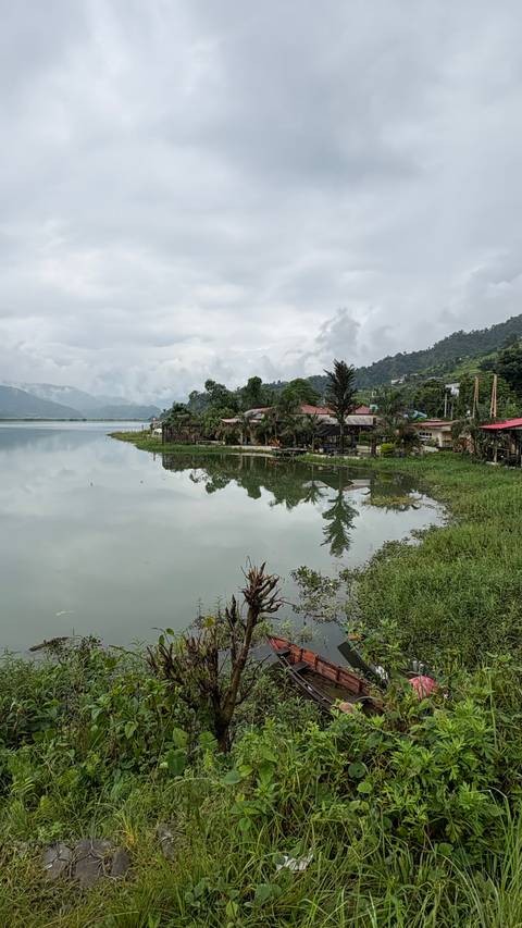 Lakeside view with greenery and hills