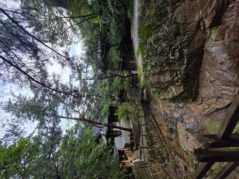 Traditional Korean houses amidst trees and rocky landscape.