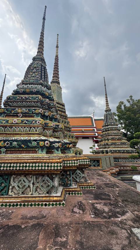 Colorful and ornate temple spires.