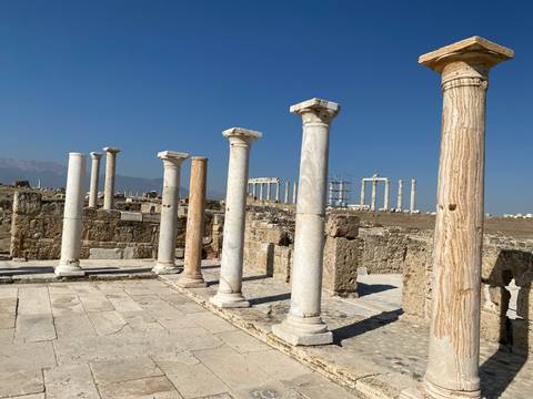       Ancient ruins with stone columns under a clear blue sky.
  