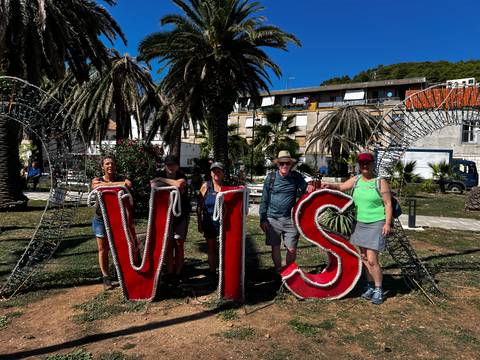 A group of people posing behind large letters spelling 'VIS', with palm trees and buildings in the background.