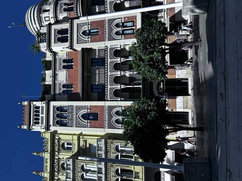       Facade of an ornately decorated building with trees.
  
