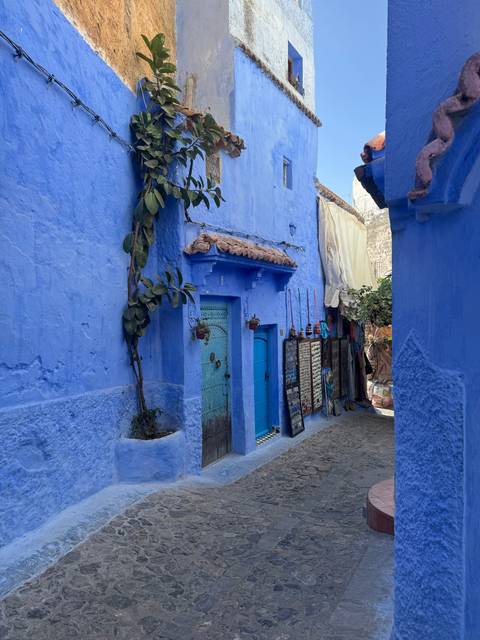 A narrow blue street with distinct architecture in the old town.