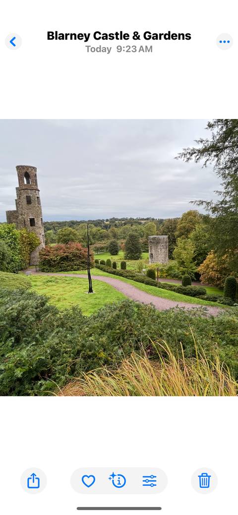       Pathway through lush gardens with a stone tower.
  