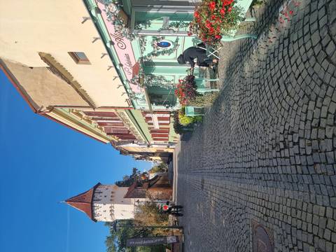       Picturesque cobblestone street with colorful shops and cafes.
  