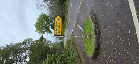 A road sign reading 'Leprechaun Crossing' on a street.