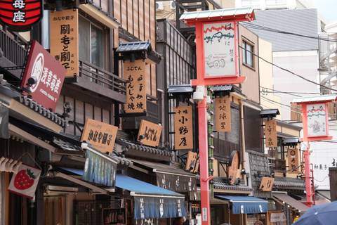 Street with traditional Japanese signage and wooden buildings.