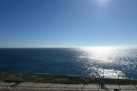 A vast ocean view with clear skies above and a shimmering water surface.