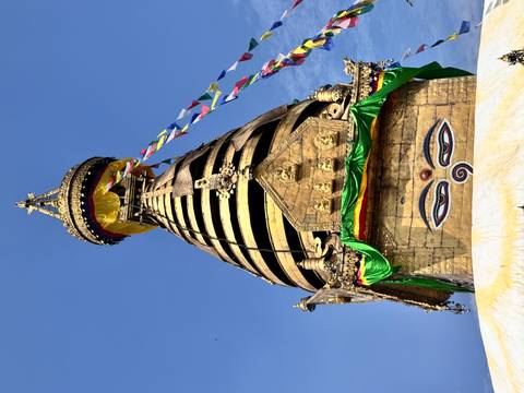       Golden stupa adorned with colorful prayer flags.
  