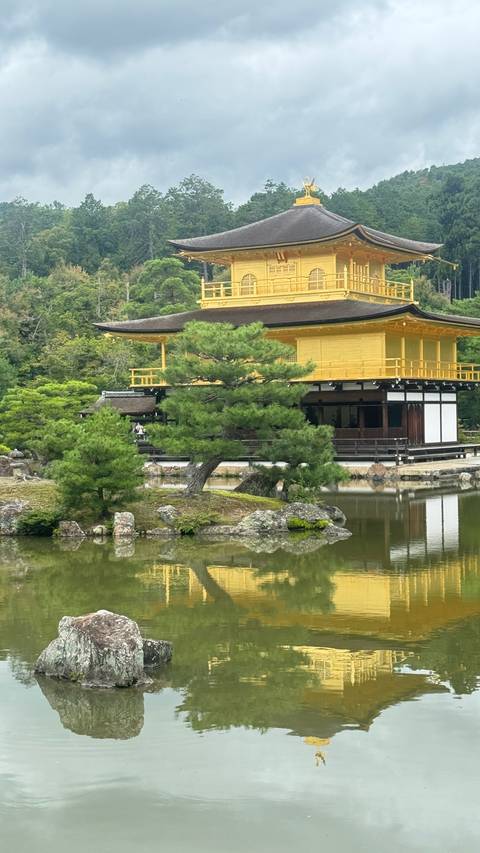       Golden Pavilion with a reflection in a pond.
  
