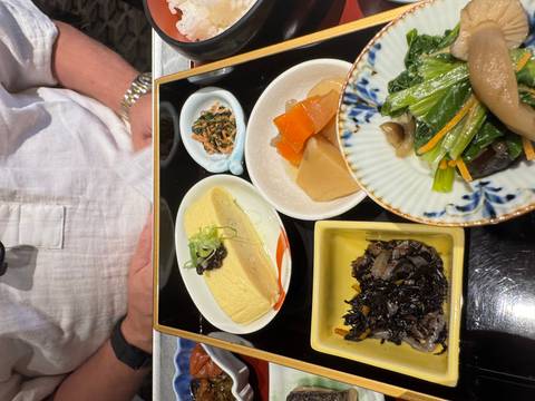       Assorted Japanese dishes on a tray.
  