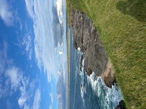 Cliffside view with green grass and a blue ocean.