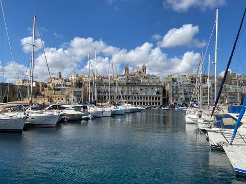 View of boats moored in a marina against a walled city backdrop.