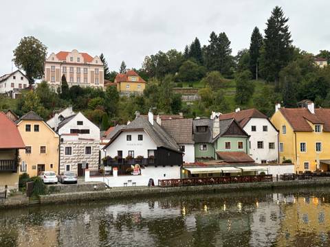 Picturesque view of houses along a river, Cesky Krumlov.