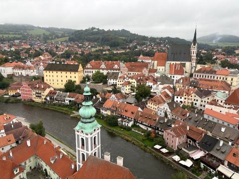 Aerial view of Cesky Krumlov with river and historic buildings.
