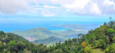 Panoramic view of lush hills and ocean coastline.