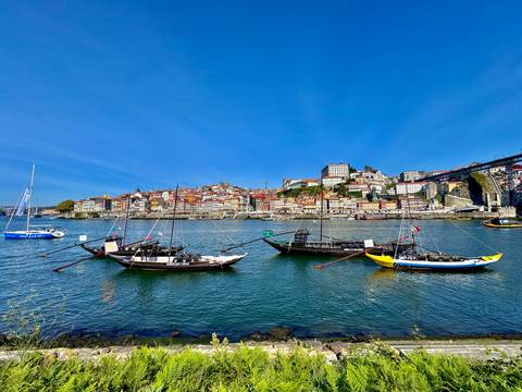 Traditional boats on a river with a view of a cityscape.