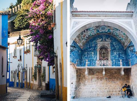       Collage of a street with colorful flowers and a tiled archway.
  